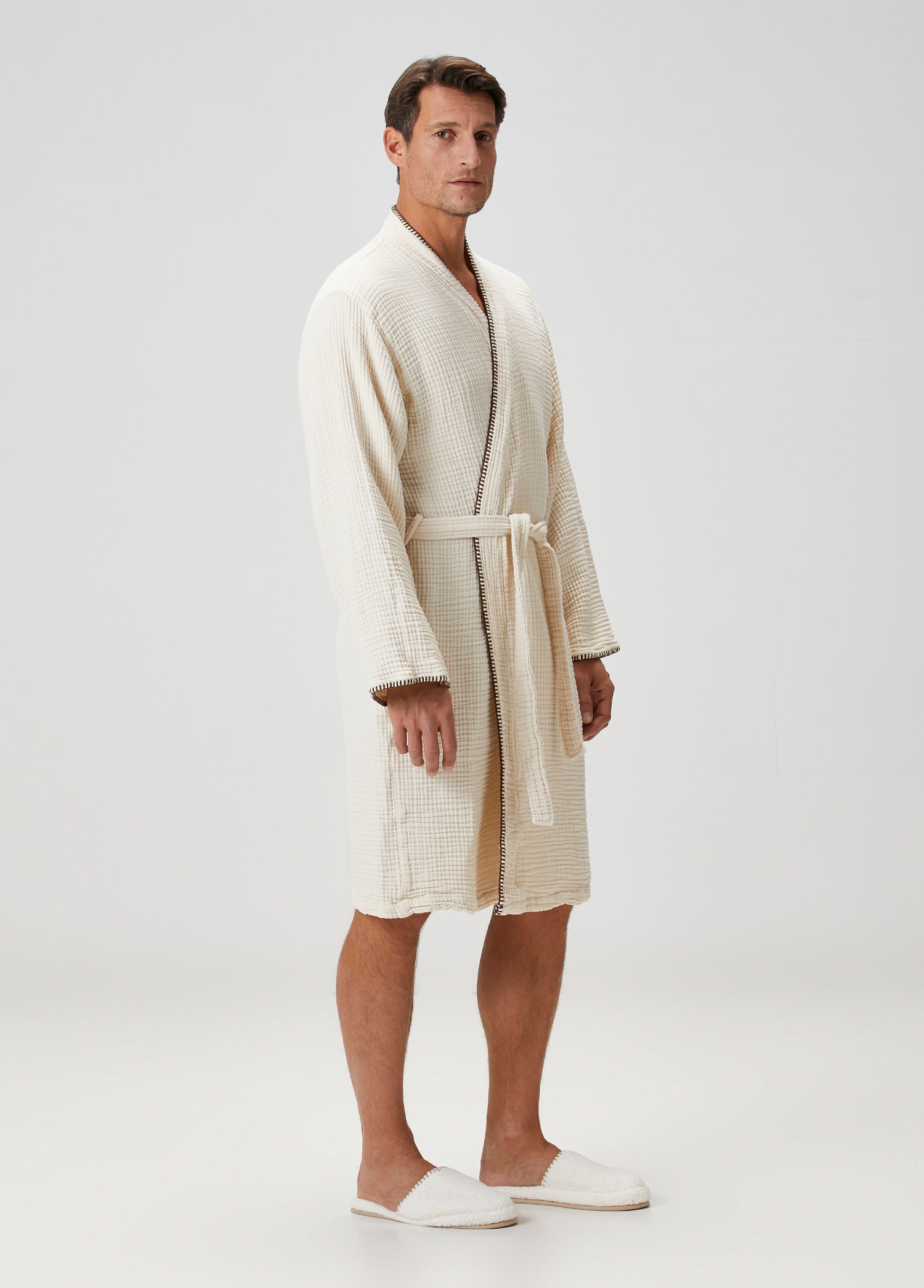 Loom 4 Katlı Müslin Çoban Dikşili Erkek Bornoz Kum Bej