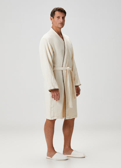 Loom 4 Katlı Müslin Çoban Dikşili Erkek Bornoz Kum Bej