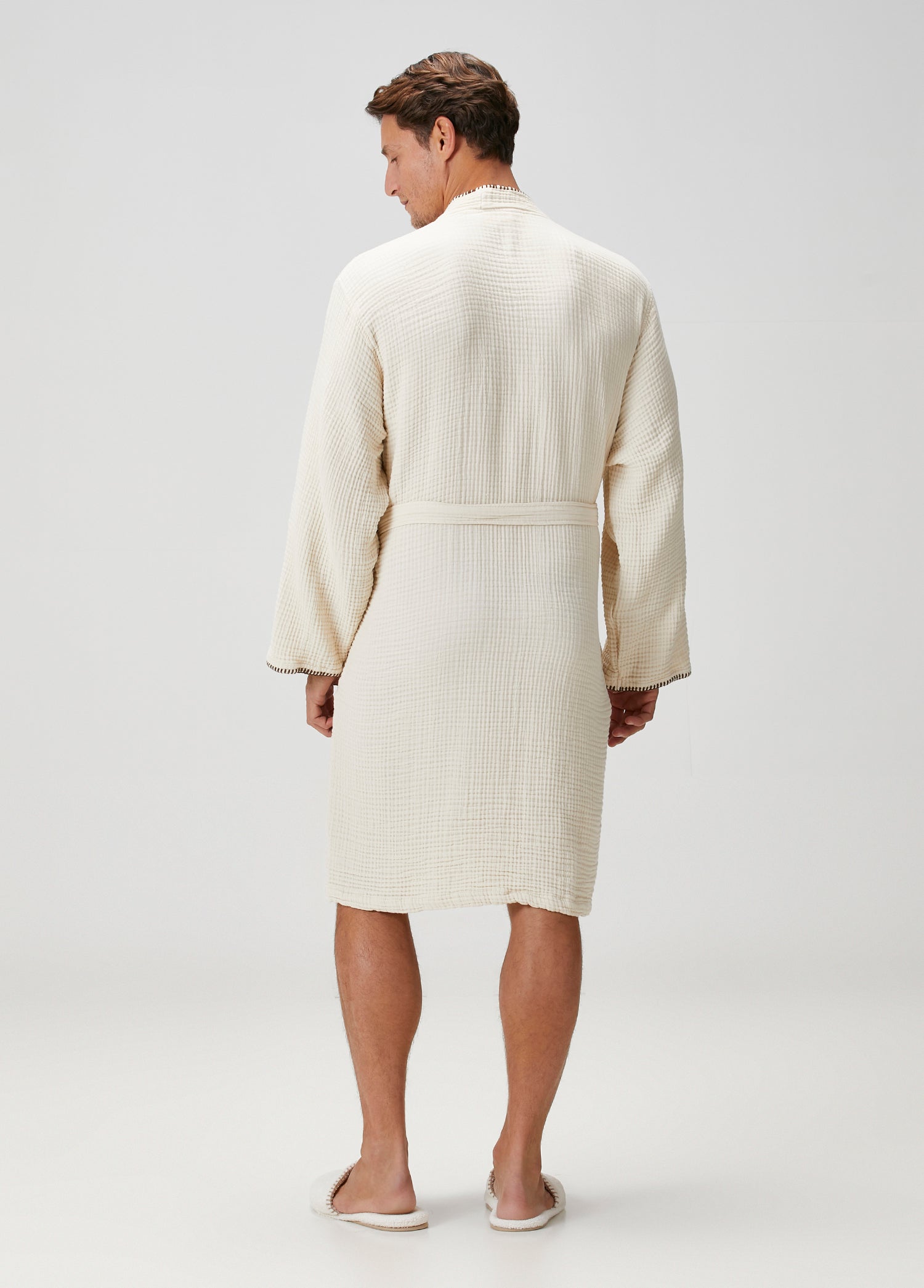 Loom 4 Katlı Müslin Çoban Dikşili Erkek Bornoz Kum Bej