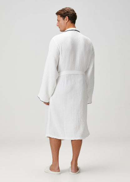 Loom 4 Katlı Müslin Çoban Dikşili Erkek Bornoz Beyaz
