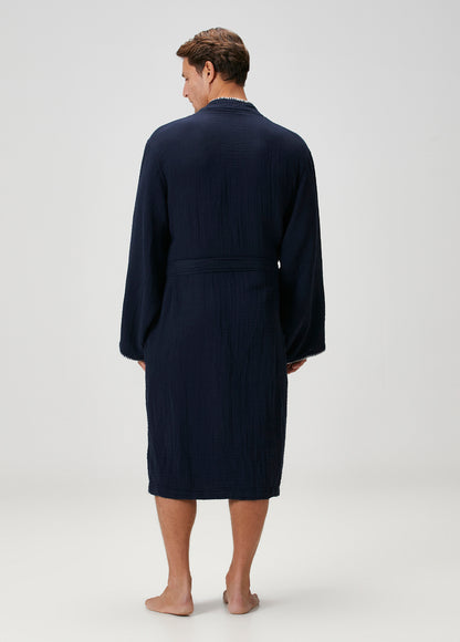 Loom 4 Katlı Müslin Çoban Dikşili Erkek Bornoz Lacivert