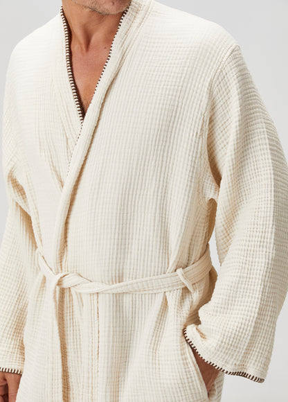 Loom 4 Katlı Müslin Çoban Dikşili Erkek Bornoz Kum Bej