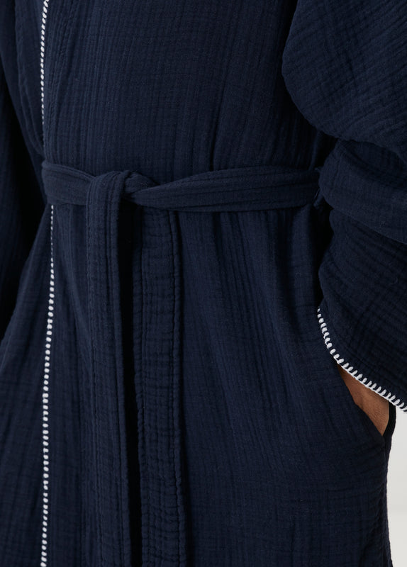 Loom 4 Katlı Müslin Çoban Dikişli Bornoz Takımı Lacivert