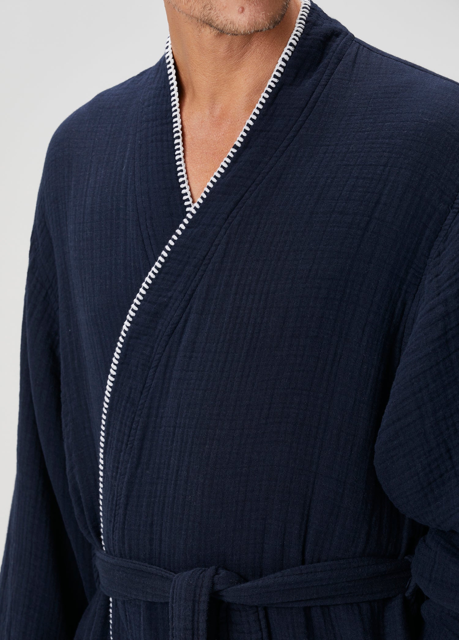 Loom 4 Katlı Müslin Çoban Dikşili Erkek Bornoz Lacivert