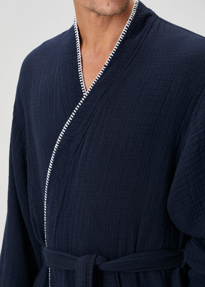 Loom 4 Katlı Müslin Çoban Dikşili Erkek Bornoz Lacivert