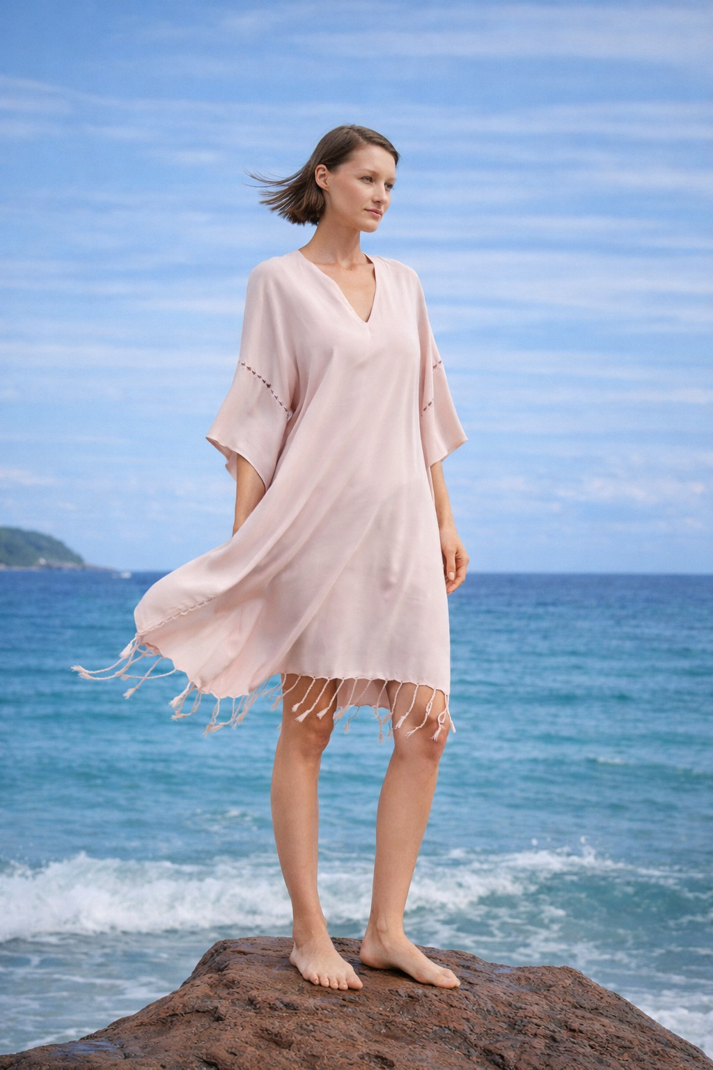 Layla V Yaka Elbise Pudra