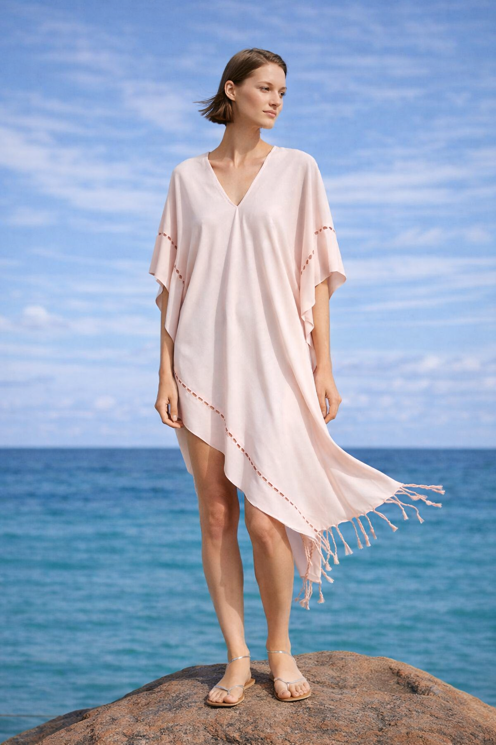 Layla V Yaka Elbise Pudra