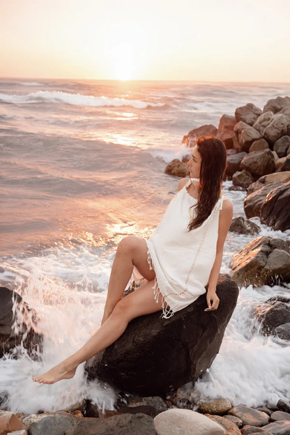 Serene Gathered Beach Dress - Orange Knitted Openwork