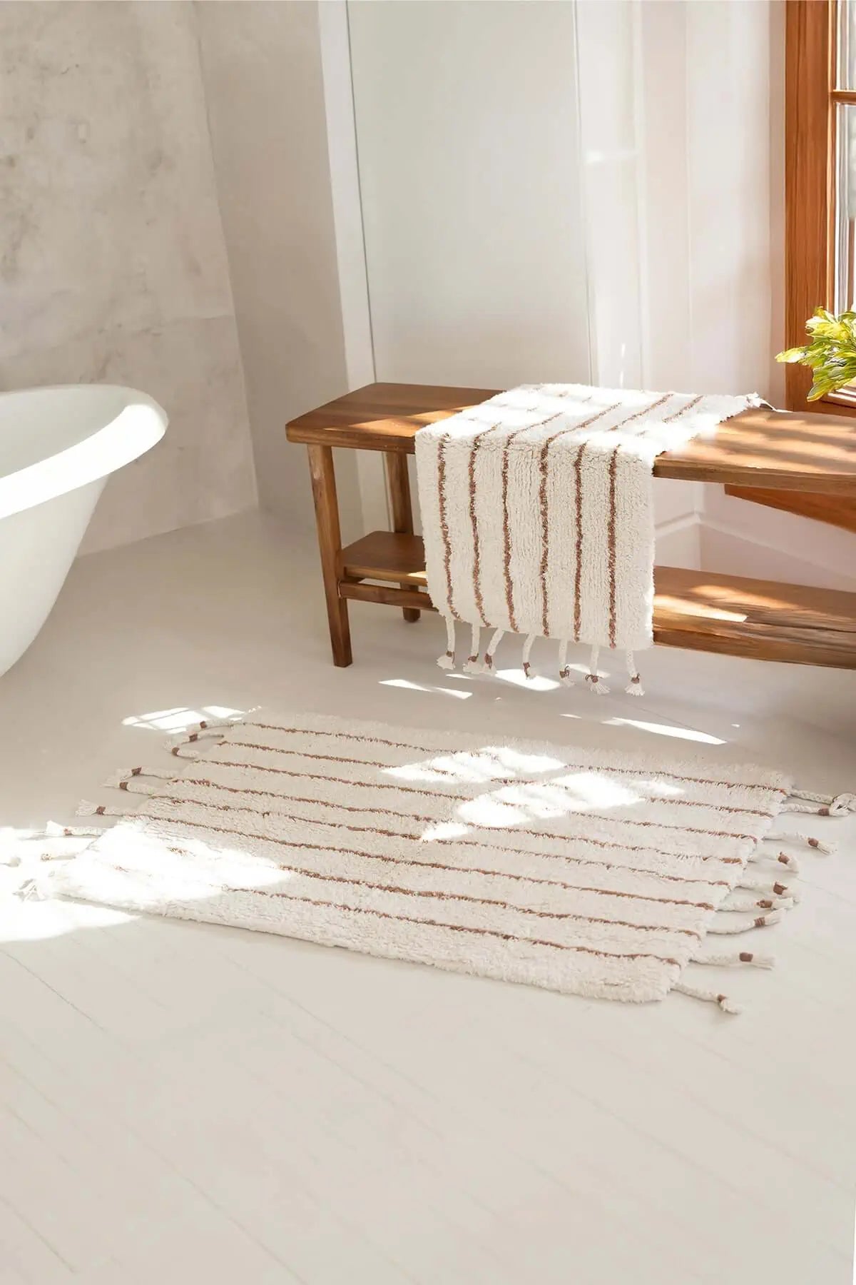 In Lines  2’li Takım Banyo Paspası %100 Pamuk 40x60 + 60x90 Bej Çizgili