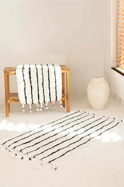 In Lines  2’li Takım Banyo Paspası %100 Pamuk 40x60 + 60x90 Siyah Çizgili