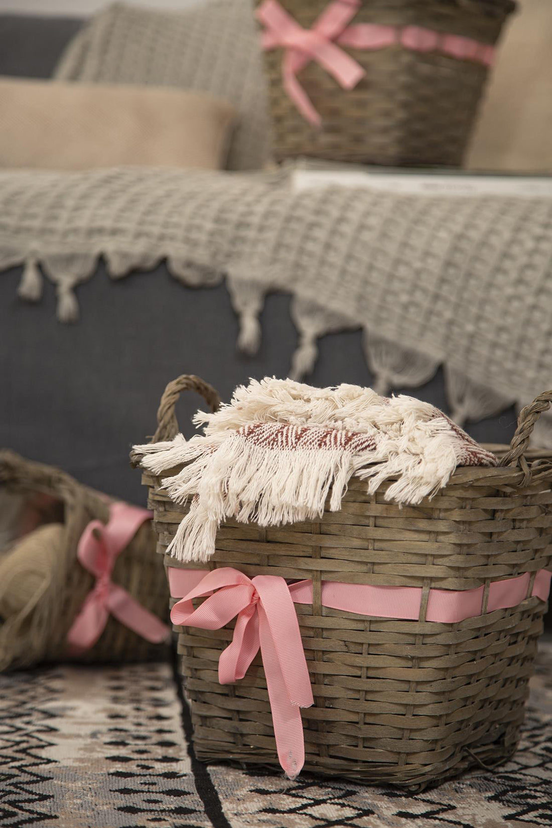 3-Piece Wicker Basket Gray