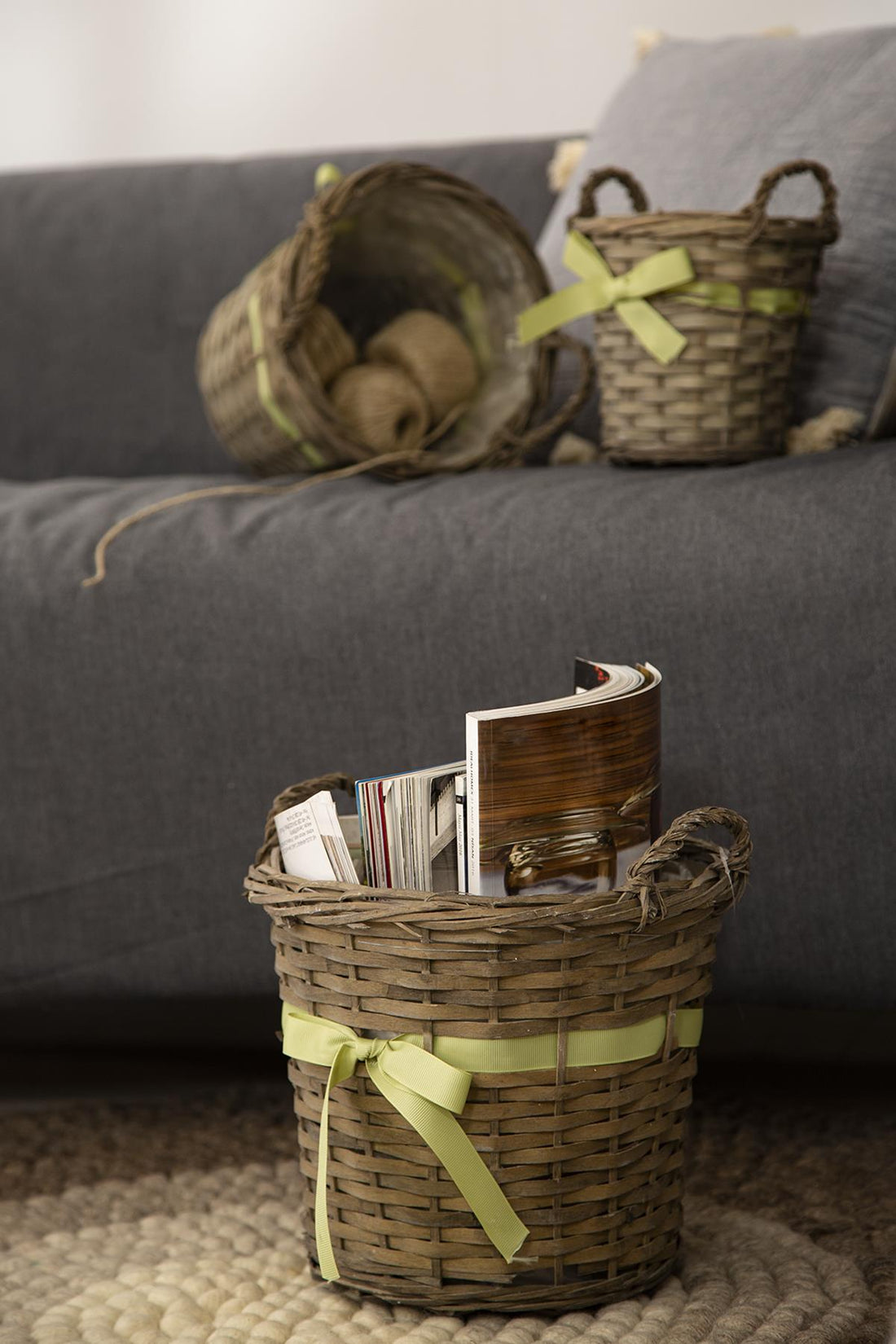 3-Piece Wicker Basket Gray