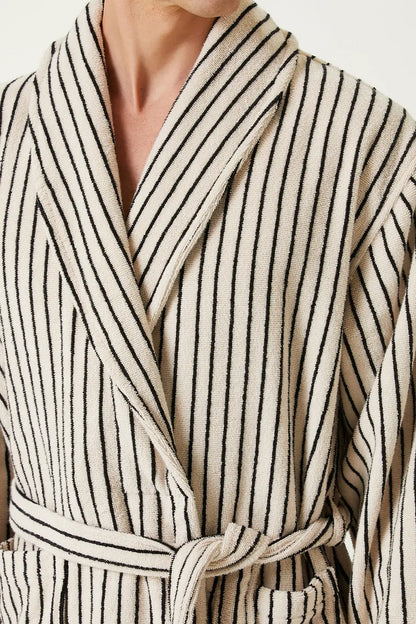 In Lines Yarn Dyed Men's Bathrobe Ecru