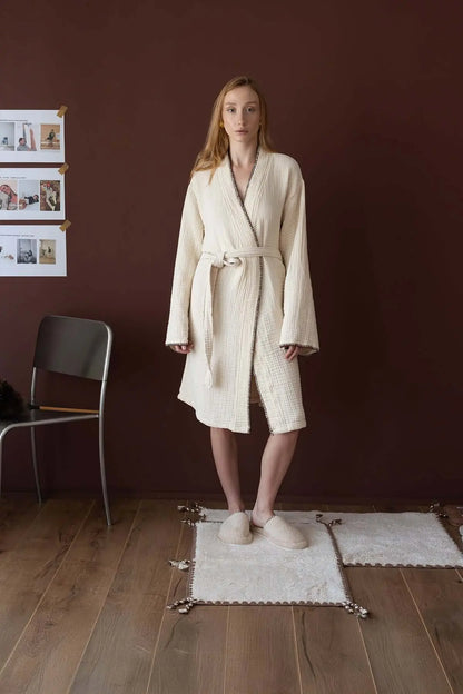 Loom 4-Layer Muslin Shepherd Stitch Women's Robe Sand Beige