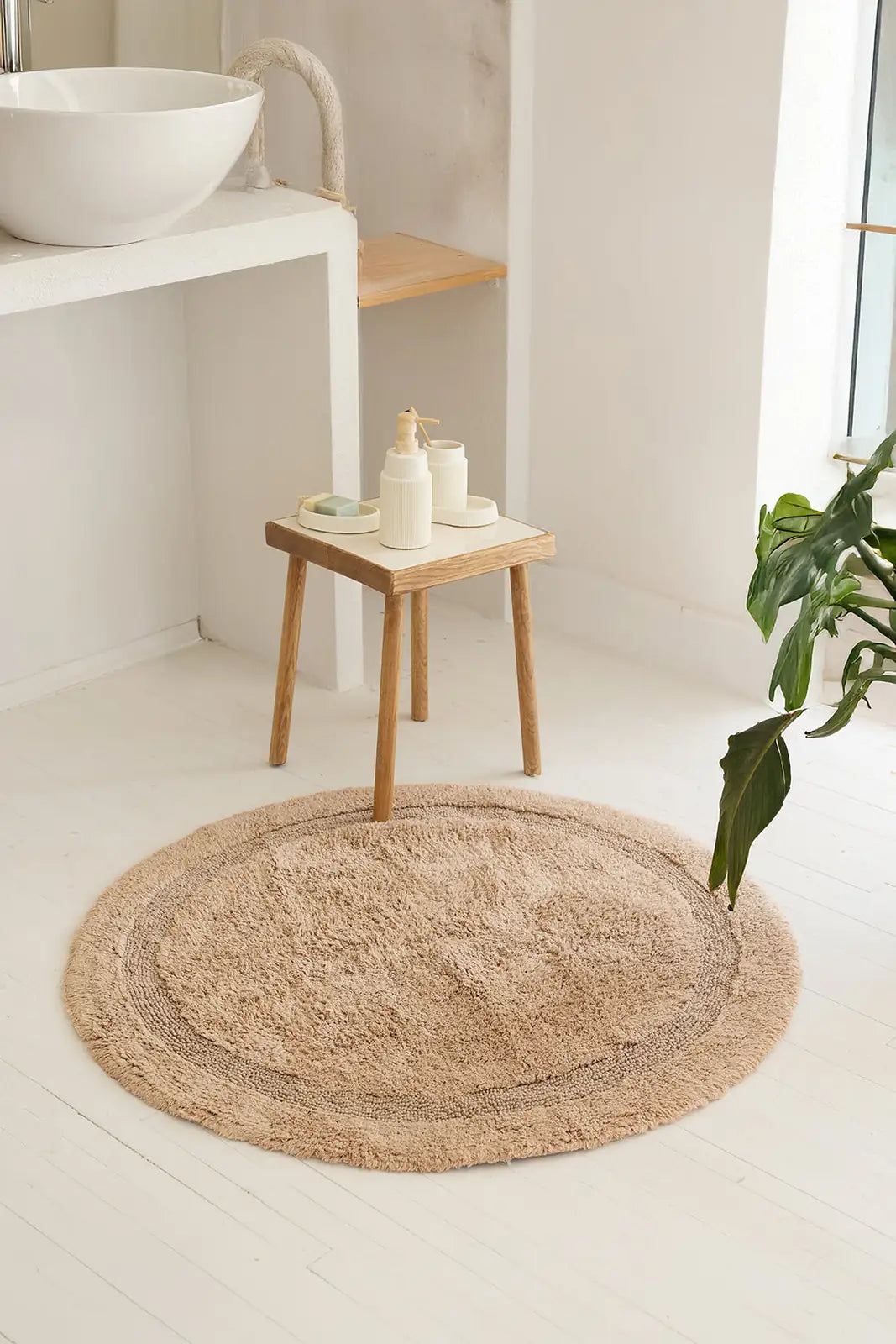 Puffed Yuvarlak Banyo Paspası %100 Pamuk 100x100 Bej