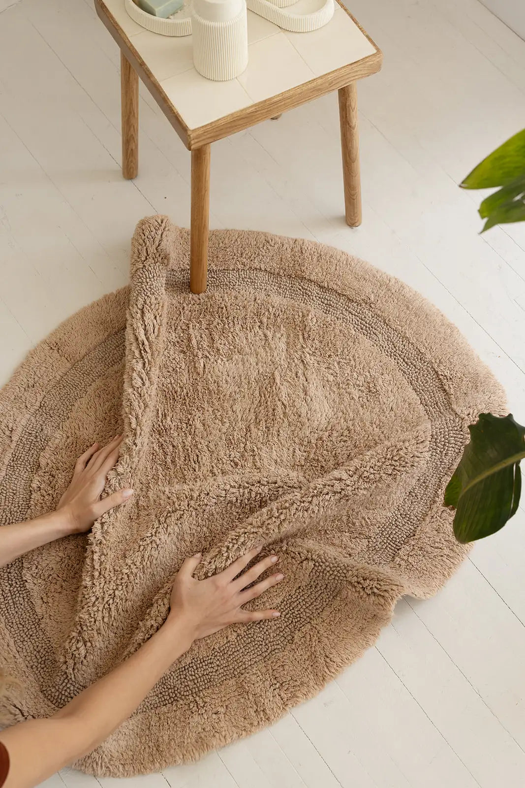 Puffed Round Bath Mat 100% Cotton 100x100 Beige