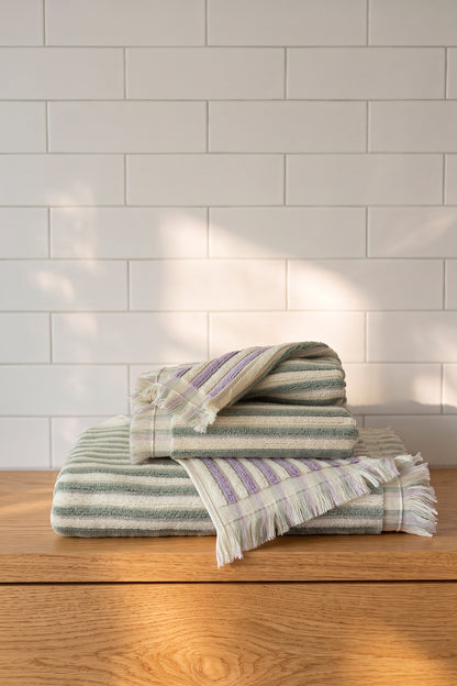 In Lines İpliği Boyalı %100 Pamuk Yüz & Banyo Havlu Seti 50x90+80x150 cm Mint Lavanta